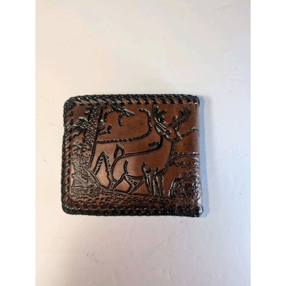 Vintage Hand Tooled Leather Wallet Deer Forest Scene Western Bifold Snap Brown - Picture 2 of 15